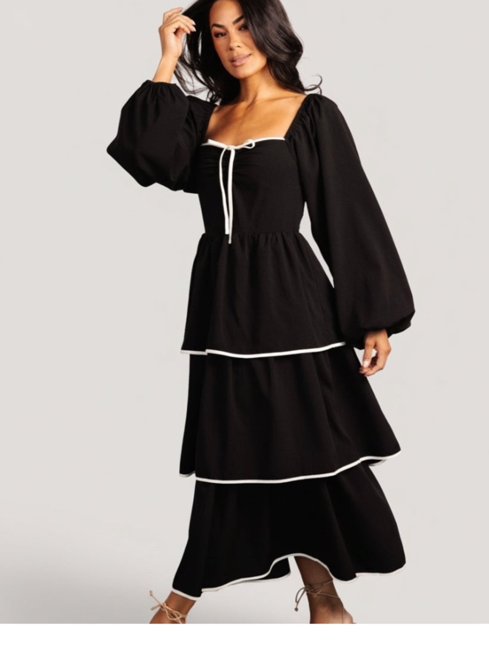 Baltic Born Barcelona Black Tiered Midi Dress White Piping party Holiday NYE XL